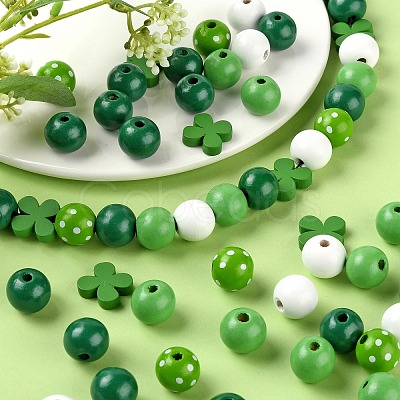 160Pcs 5 Style Irish Theme Painted Natural Wood Beads WOOD-LS0001-48-1