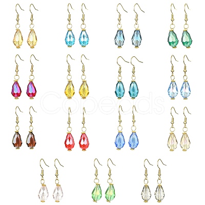 15 Pair 15 Color Glass Teardrop Dangle Earrings EJEW-JE05399-1