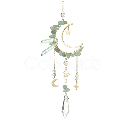 Natural Green Aventurine Chips & Brass Moon Pendant Decorations HJEW-TA00066-02-1