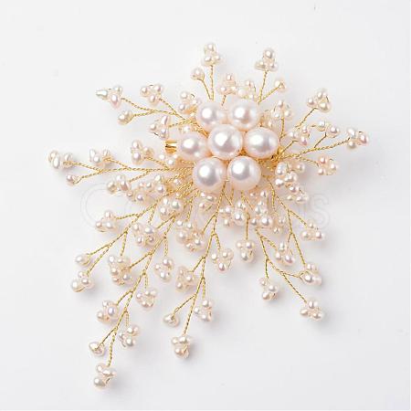 Flower Natural Pearl Brass Safety Brooches JEWB-I009-14-1