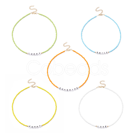 5Pcs 5 Style Glass & Plastic Word Beaded Necklaces Set NJEW-JN04316-1