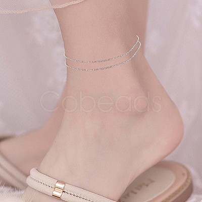 Anti-Tarnish Rhodium Plated 925 Sterling Silver Multi-strand Ball Chain Anklet with Tiny Oval Charm JA190A-1