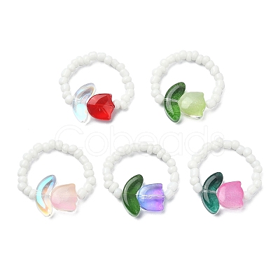 Tulip Flower Glass & Seed Beaded Stretch Rings RJEW-TA00080-1