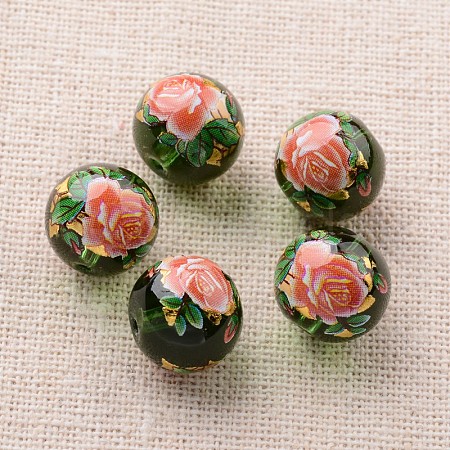 Flower Picture Printed Glass Round Beads GLAA-J088-12mm-A16-1