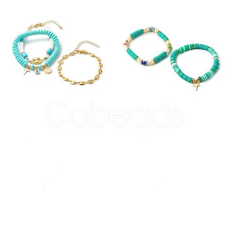5Pcs 5 Style Handmade Polymer Clay Stretch & Brass Beaded & Alloy Link Chain Bracelets Set BJEW-SZ0001-66C-1