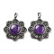 Natural Amethyst & Brass Pendants, Antique Silver, Sun Charm, 43.5x39.5x9mm, Hole: 9.5x5.5mm