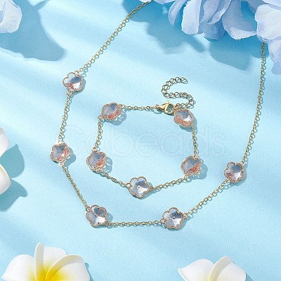 Plum Blossom Glass Links Necklace and Bracelet Sets SJEW-JS01293-01-1