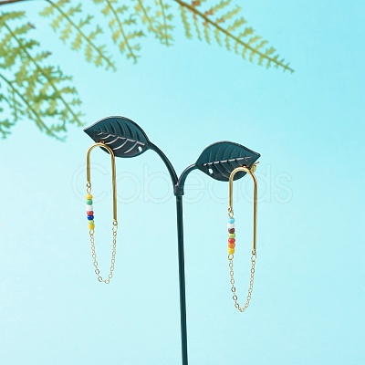 Chain Tassel with Glass Seed Beads Dangle Stud Earrings for Girl Women EJEW-TA00014-1