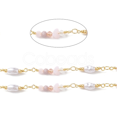 Brass Glass Bead Link Chains with ABS Imitation Pearl Beads CHS-P016-39G-08-1