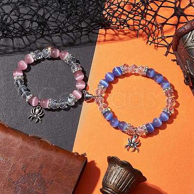 2Pcs 10mm Round Blue Cat Eye & Pink Cat Eye & Faceted Glass Beaded Stretch Bracelet Sets for Lover BJEW-JB10325-01-1