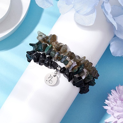 3Pcs 3 Styles Natural Labradorite & Obsidian & Moss Agate  Chips Stretch Bracelets Sets BJEW-JB11076-12-1