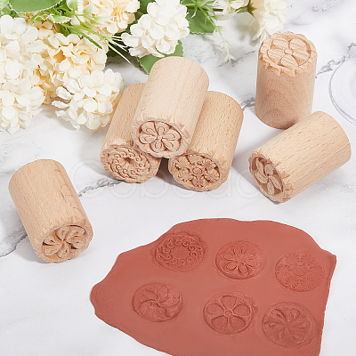 CHGCRAFT 6Pcs 6 Styles Flower Pattern Round Wooden Traditional Chinese Moon Cake Molds AJEW-CA0004-25-1