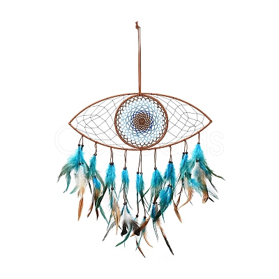 Evil Eye Woven Net/Web with Feather Pendant Decoration HJEW-I013-08-1