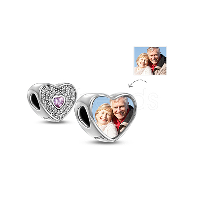 TINYSAND Rhodium Plated 925 Sterling Silver Personalized Dual Hearts Charm Cubic Zirconia European Beads TS-C-144-1