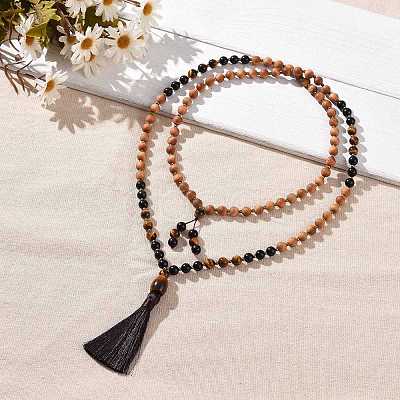 Wood & Tiger Eye Beads Wrap Necklaces NJEW-JN04135-1