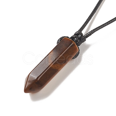 Natural Tiger Eye Bullet Pendant Necklace with Waxed Cords for Women NJEW-M196-02A-1