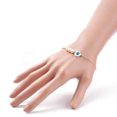 Natural Pearl & Shell Heart with Evil Eye Link Bracelet with Brass Chains for Women BJEW-JB08329-02-1