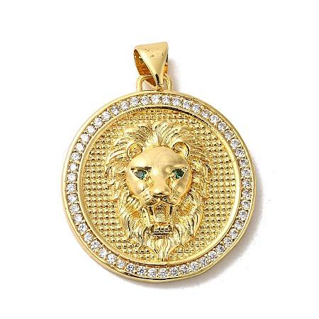 Flat Round with Lion Rack Plating Brass Micro Pave Clear Cubic Zirconia Pendants KK-K377-55G-1