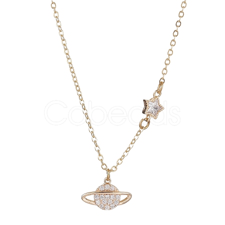 Planet Brass Cubic Zirconia Pendant Necklace NJEW-JN04936-1