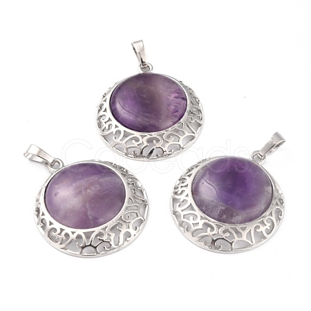 Natural Amethyst Pendants with Hollow Platinum Brass Findings G-P448-A18-P-1