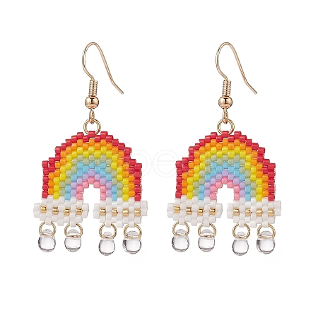 Glass Seed Rainbow with Teardrop Dangle Earrings EJEW-MZ00016-1