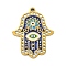 Ion Plating(IP) 304 Stainless Steel Rhinestone Pendants, with Enamel, Hamsa Hand with Flower & Evil Eye Charm, Real 18K Gold Plated, 26x20.5x2mm, Hole: 1.6mm