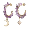 Moon & Star Natural Mixed Gemstone Chip Dangle Half Hoop Earrings EJEW-JE05900-4