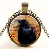 Flat Round with Halloween Raven/Crow Glass Alloy Pendant Necklaces NJEW-N0051-053D-01-1