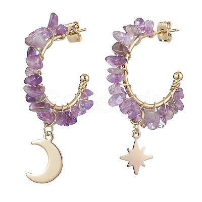 Moon & Star Natural Mixed Gemstone Chip Dangle Half Hoop Earrings EJEW-JE05900-1