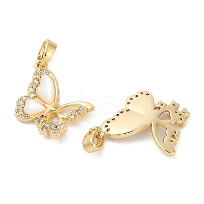 Brass Pave Natural White Shell Butterfly Pendants KK-U043-28G-1