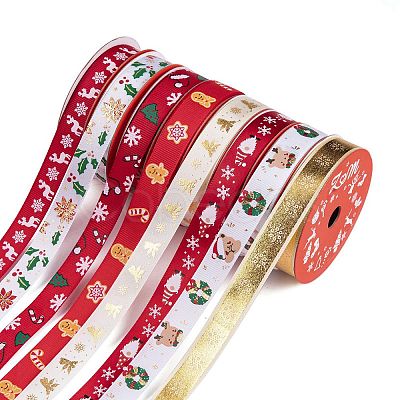 8 Rolls 8 Styles Christmas Printed Polyester Ribbon Sets OCOR-A008-01-1