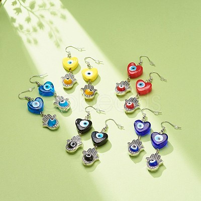 Lampwork Evil Eye with Hamsa Hand Dangle Earrings EJEW-JE05008-1