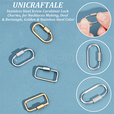 Unicraftale 4Pcs 4 Styles Ion Plating(IP) 304 Stainless Steel Screw Carabiner Lock Charms STAS-UN0053-33-1