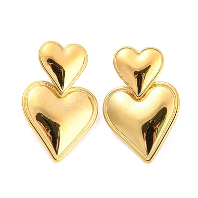 304 Stainless Steel Double Heart Dangle Stud Earrings for Women EJEW-D076-01B-G-1