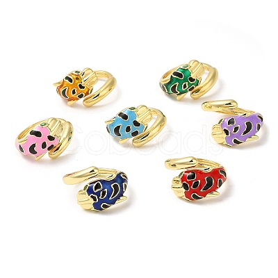 Enamel Leopard Open Cuff Ring with Cubic Zirconia RJEW-Q168-01G-1