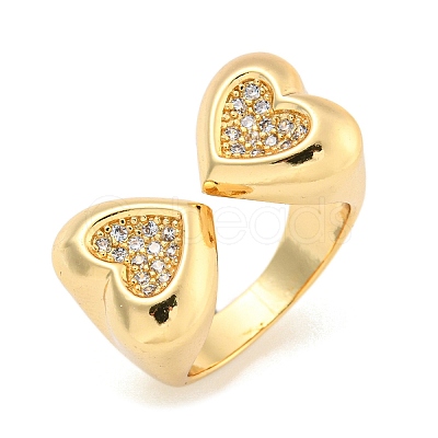 Brass Micro Pave Clear Cubic Zirconia Heart Open Cuff Rings for Women RJEW-L121-043G-1