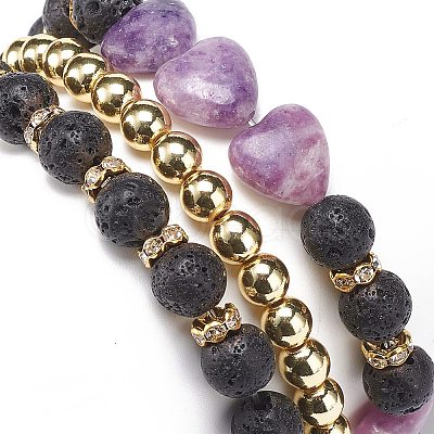 3Pcs 3 Style Heart Natural Purple Mica Stone & Lava Rock & Synthetic Hematite Beaded Stretch Bracelets Set BJEW-JB08736-1