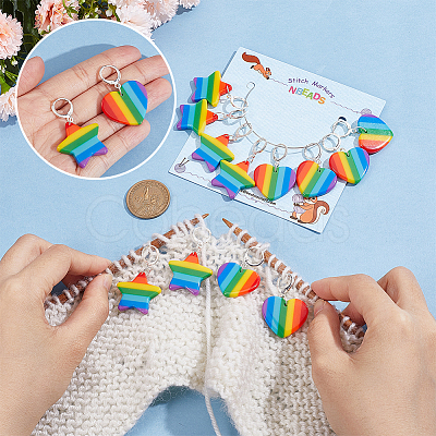 12Pcs 2 Style Striped Plastic Rainbow Heart & Star Charm Locking Stitch Markers HJEW-PH01681-1