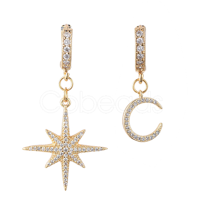 Star and Moon Asymmetrical Dangle Hoop Earrings EJEW-JE04031-02-1