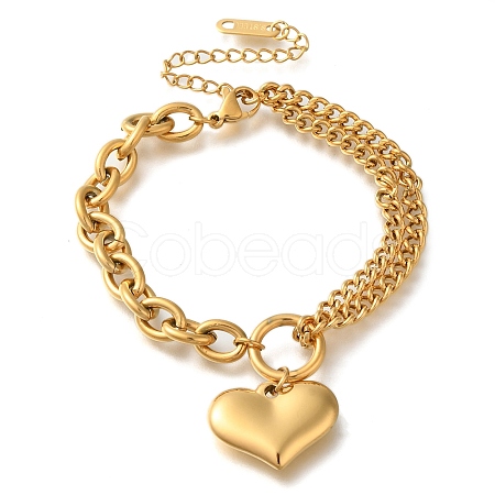 Ion Plating(IP) 304 Stainless Steel Twisted Chain & Cable Chain Heart Charm Bracelets for Women BJEW-H613-01G-1