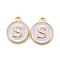 Golden Plated Alloy Charms, Cadmium Free & Lead Free, with Enamel, Enamelled Sequins, Flat Round with Letter, White, Letter.S, 14x12x2mm, Hole: 1.5mm