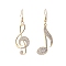 Alloy with Glass Dangle Earrings, Musical Note Asymmetrical Earrings, Golden, 35mm