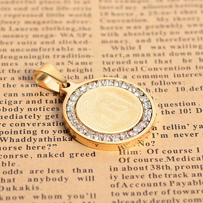 304 Stainless Steel Crystal Rhinestone Flat Round with Allah Pendants STAS-E093-16G-1