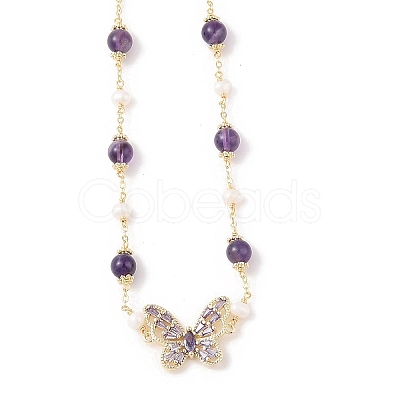 Natural Amethyst & Pearl Beaded Necklaces NJEW-L119-11G-1