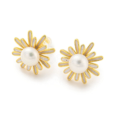 Brass Flower Stud Earrings with Natural Pearl EJEW-Z020-09G-1