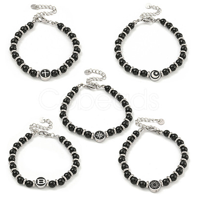 304 Stainless Steel & Glass Round Beaded Bracelets for Women BJEW-G717-11-1