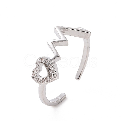 Clear Cubic Zirconia Heart Beat Open Cuff Ring RJEW-G283-12P-1