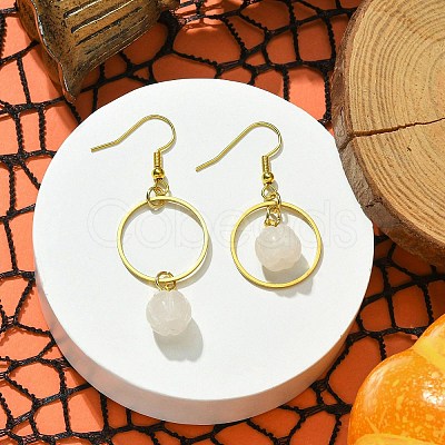 Natural White Jade Pumpkin with Ring Dangle Earrings EJEW-JE05509-02-1