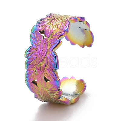 Rainbow Color Ion Plating(IP) 304 Stainless Steel Leaf Open Cuff Ring for Women RJEW-A005-16-1