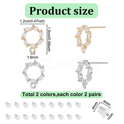 GOMAKERER 8Pcs 2 Colors Donut Shape Brass Cubic Zirconia Stud Earring Findings AJEW-GO0001-47-1